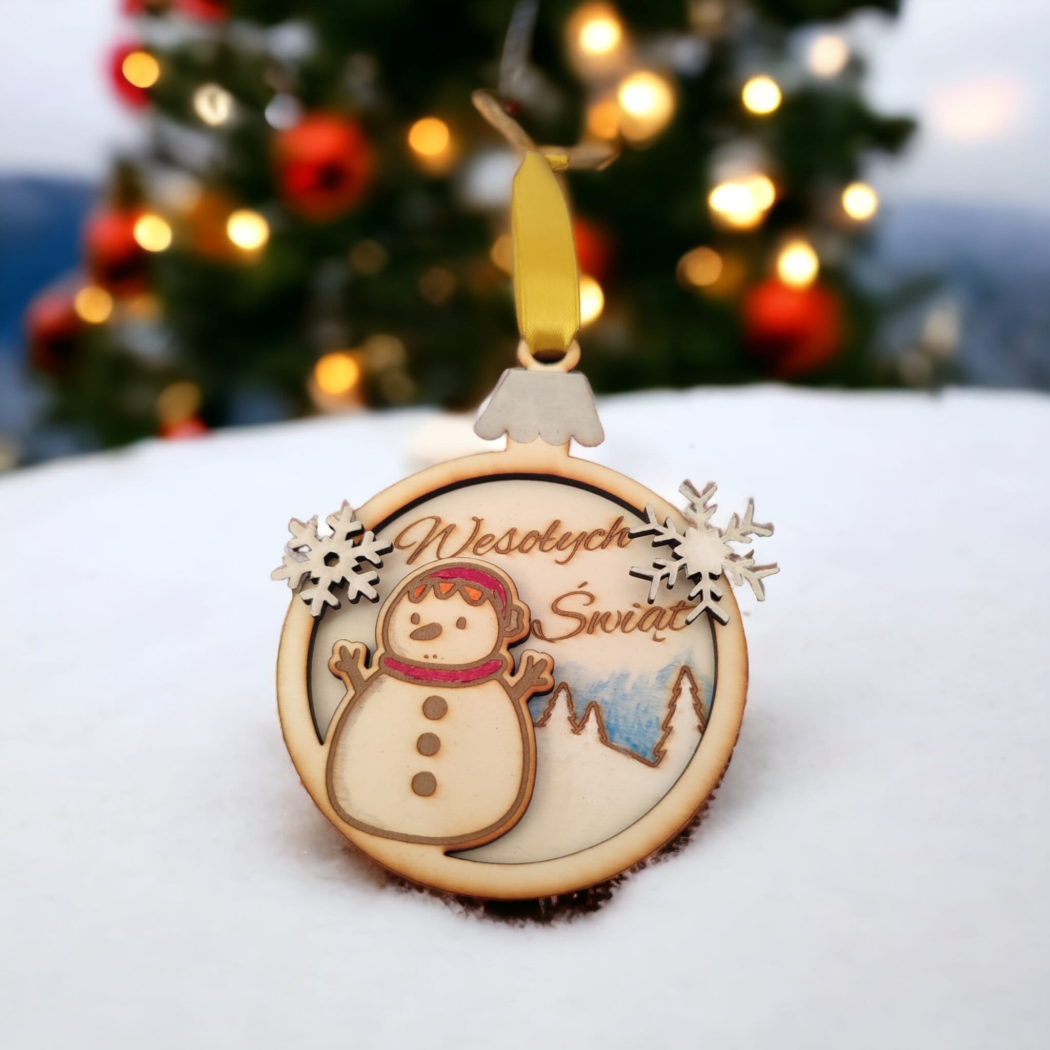 Bombka 3D ze sklejki - bałwanek - ręcznie malowana - obrazek 2