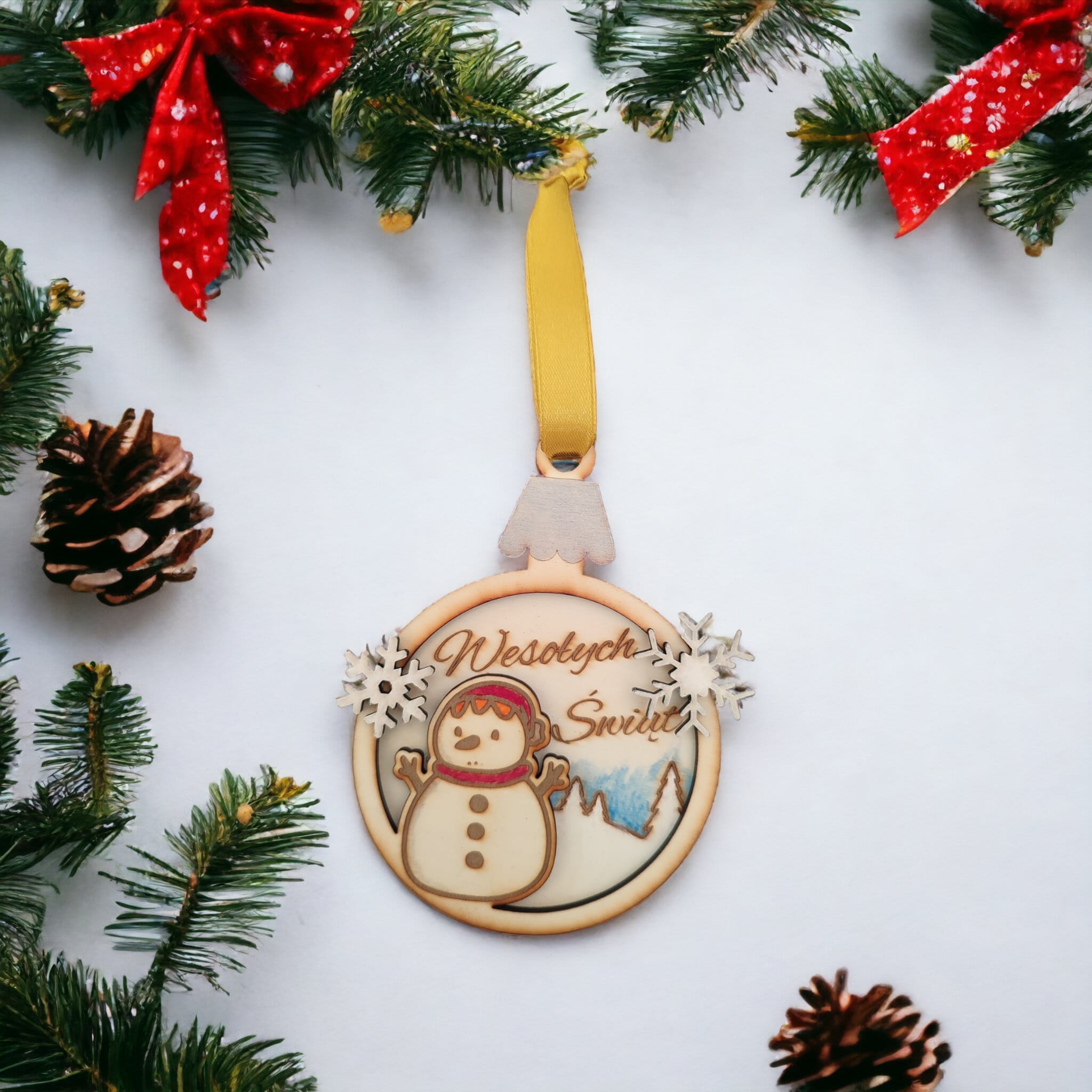 Bombka 3D ze sklejki - bałwanek - ręcznie malowana